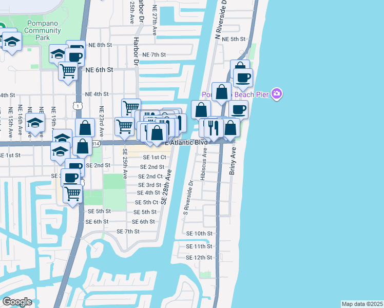 map of restaurants, bars, coffee shops, grocery stores, and more near 113 South Riverside Drive in Pompano Beach