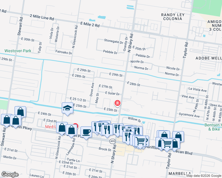 map of restaurants, bars, coffee shops, grocery stores, and more near 2123 Solar Drive in Mission