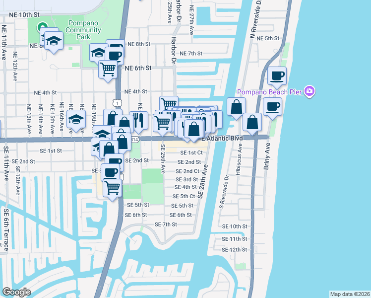 map of restaurants, bars, coffee shops, grocery stores, and more near 2660 Southeast 1st Court in Pompano Beach