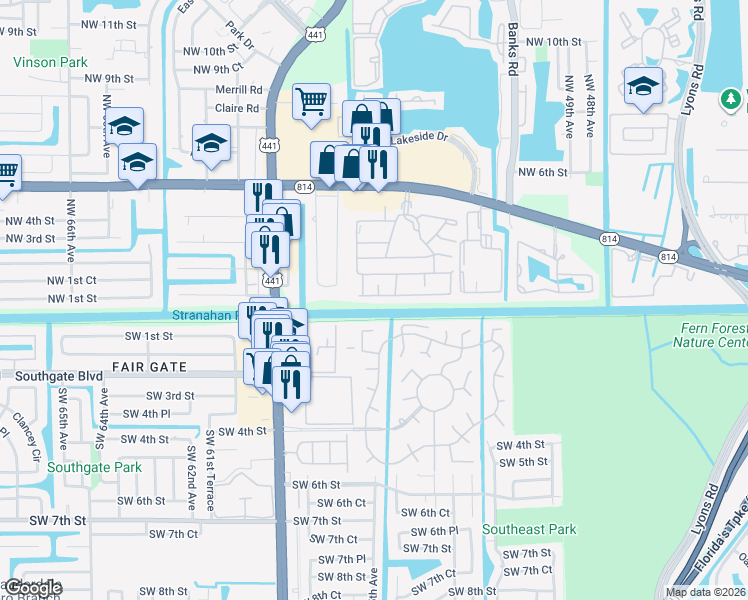 map of restaurants, bars, coffee shops, grocery stores, and more near 5590 Lakewood Circle South in Margate