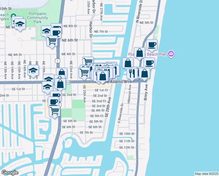 map of restaurants, bars, coffee shops, grocery stores, and more near 145 Southeast 28th Avenue in Pompano Beach