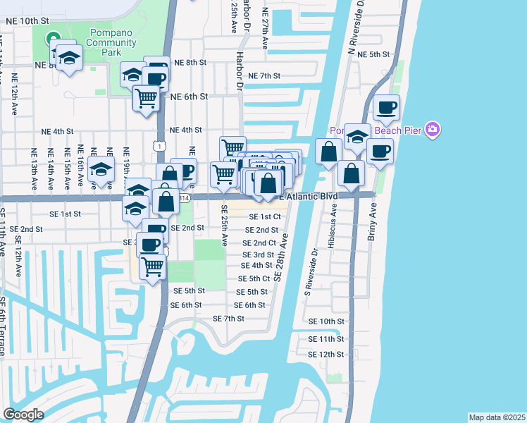 map of restaurants, bars, coffee shops, grocery stores, and more near 2660 Southeast 1st Court in Pompano Beach
