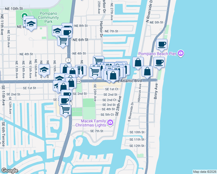 map of restaurants, bars, coffee shops, grocery stores, and more near 2660 Southeast 1st Court in Pompano Beach