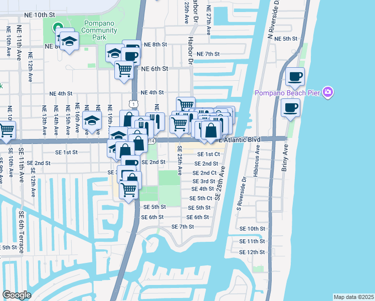 map of restaurants, bars, coffee shops, grocery stores, and more near 2520 Southeast 1st Court in Pompano Beach