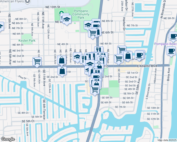 map of restaurants, bars, coffee shops, grocery stores, and more near 190 Southeast 19th Avenue in Pompano Beach