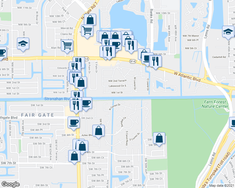 map of restaurants, bars, coffee shops, grocery stores, and more near 5460g Northwest 1st Street in Margate