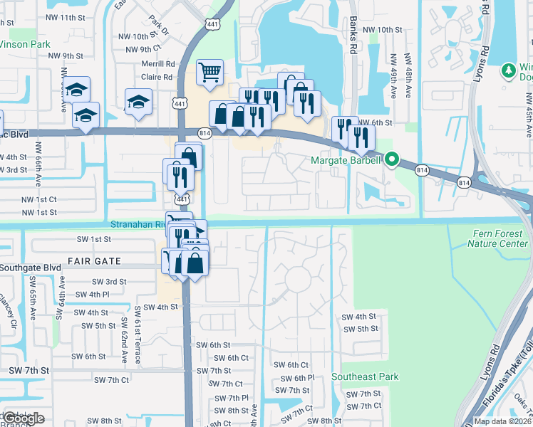 map of restaurants, bars, coffee shops, grocery stores, and more near 5460g Northwest 1st Street in Margate