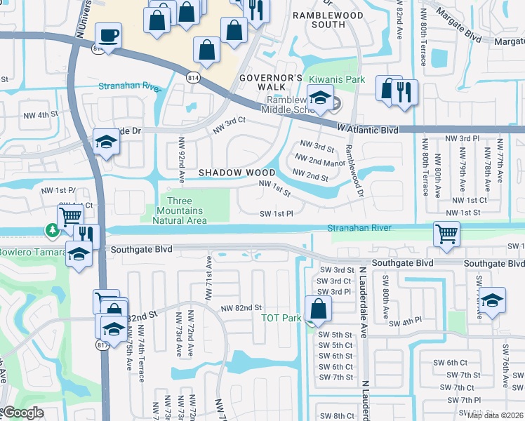 map of restaurants, bars, coffee shops, grocery stores, and more near 8746 Southwest 1st Place in Coral Springs