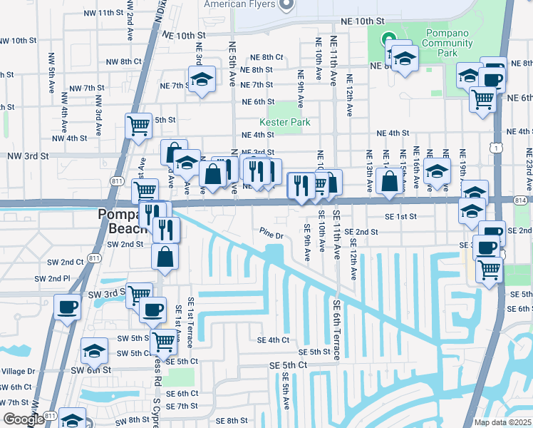 map of restaurants, bars, coffee shops, grocery stores, and more near 141 South East 7th Way in Pompano Beach