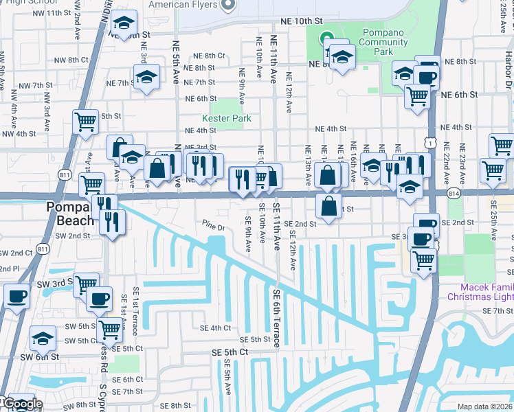 map of restaurants, bars, coffee shops, grocery stores, and more near 104 Southeast 10th Avenue in Pompano Beach