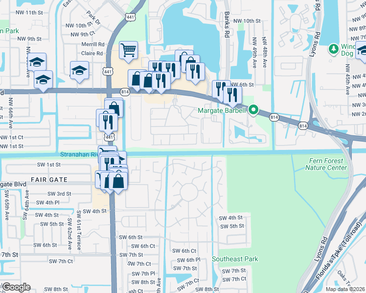 map of restaurants, bars, coffee shops, grocery stores, and more near 5460 Lakewood Circle South in Margate