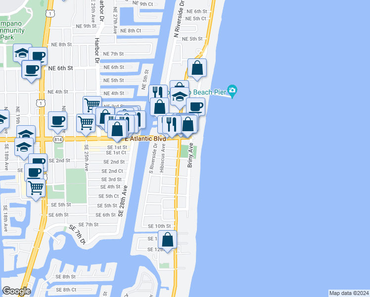 map of restaurants, bars, coffee shops, grocery stores, and more near 101 Florida A1A in Pompano Beach