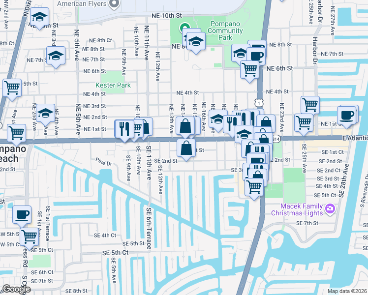 map of restaurants, bars, coffee shops, grocery stores, and more near 1414 Southeast 1st Street in Pompano Beach