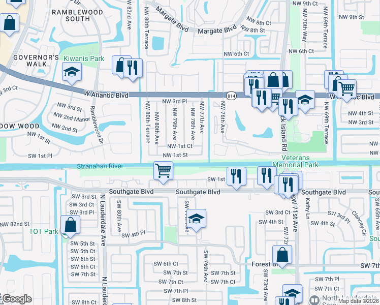 map of restaurants, bars, coffee shops, grocery stores, and more near 7815 Northwest 1st Street in Margate