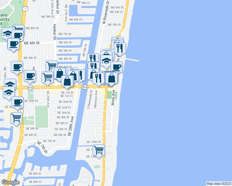 map of restaurants, bars, coffee shops, grocery stores, and more near 100 Briny Avenue in Pompano Beach