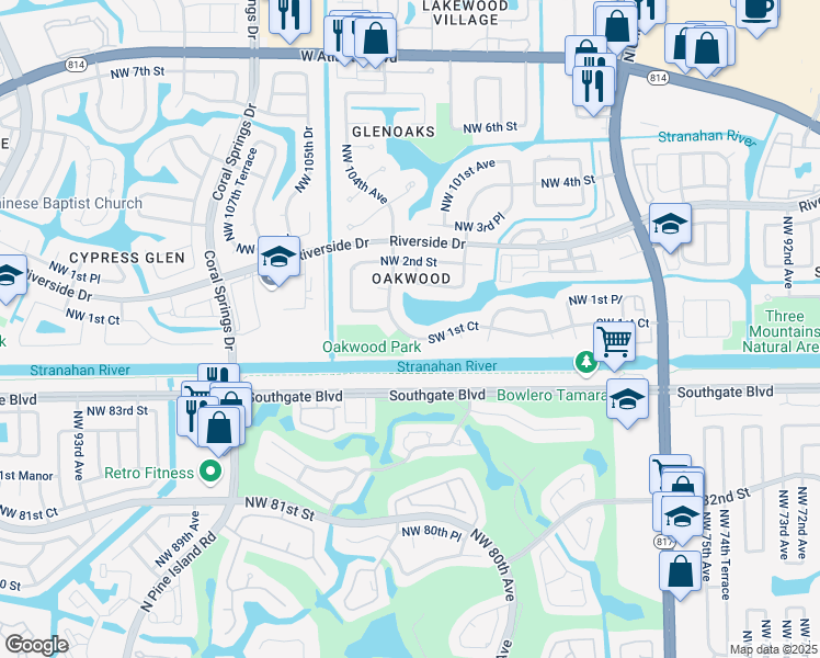 map of restaurants, bars, coffee shops, grocery stores, and more near 10275 Southwest 1st Court in Coral Springs