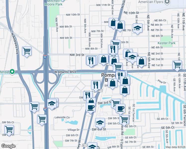 map of restaurants, bars, coffee shops, grocery stores, and more near 301 Southwest 1st Court in Pompano Beach