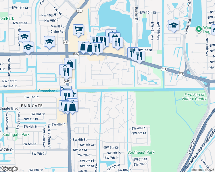 map of restaurants, bars, coffee shops, grocery stores, and more near 5460g Northwest 1st Street in Margate