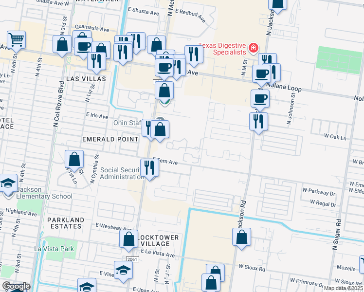 map of restaurants, bars, coffee shops, grocery stores, and more near 3301 North K Center in McAllen
