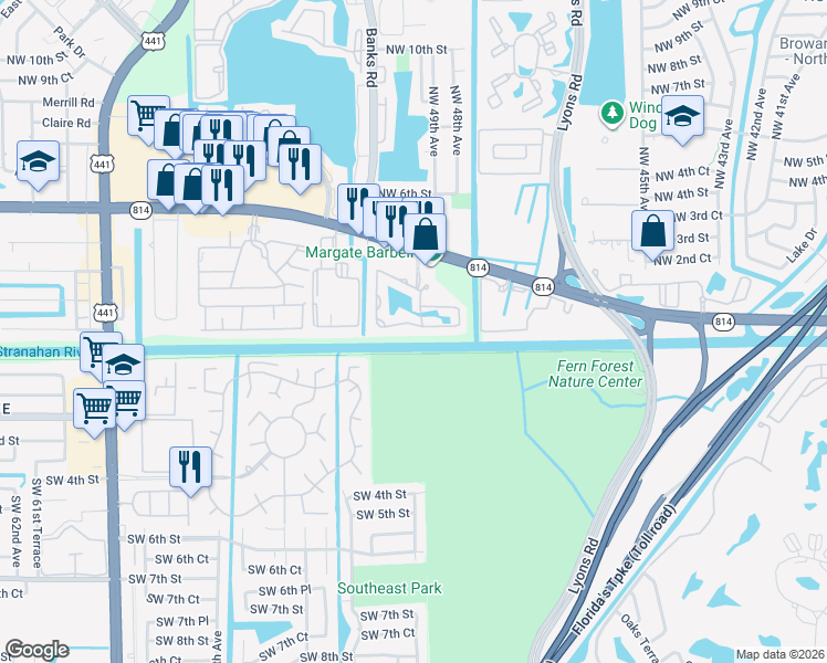 map of restaurants, bars, coffee shops, grocery stores, and more near 4806 South Hemingway Circle in Margate