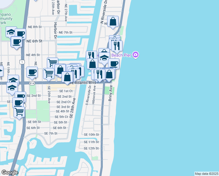 map of restaurants, bars, coffee shops, grocery stores, and more near 100 Briny Avenue in Pompano Beach