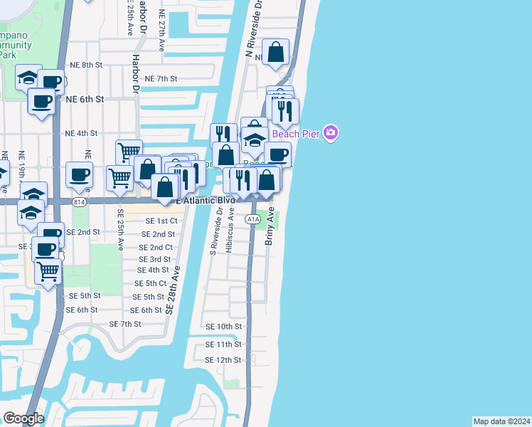 map of restaurants, bars, coffee shops, grocery stores, and more near in Pompano Beach