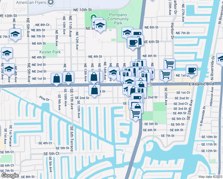 map of restaurants, bars, coffee shops, grocery stores, and more near 1624 Southeast 1st Street in Pompano Beach