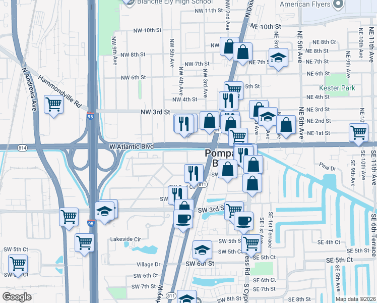 map of restaurants, bars, coffee shops, grocery stores, and more near 301 Southwest 1st Court in Pompano Beach