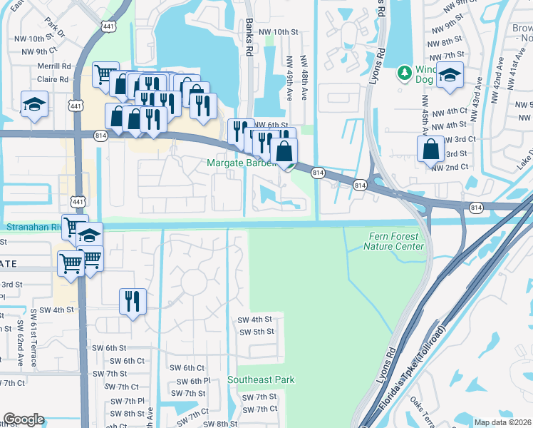 map of restaurants, bars, coffee shops, grocery stores, and more near 4806 South Hemingway Circle in Margate