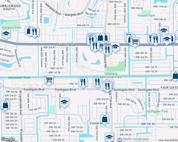 map of restaurants, bars, coffee shops, grocery stores, and more near 7350 Northwest 1st Street in Margate