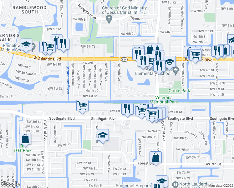 map of restaurants, bars, coffee shops, grocery stores, and more near 7610 Northwest 1st Street in Margate