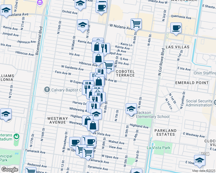 map of restaurants, bars, coffee shops, grocery stores, and more near 715 West Esperanza Avenue in McAllen
