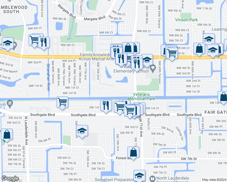 map of restaurants, bars, coffee shops, grocery stores, and more near 7360 Northwest 1st Street in Margate