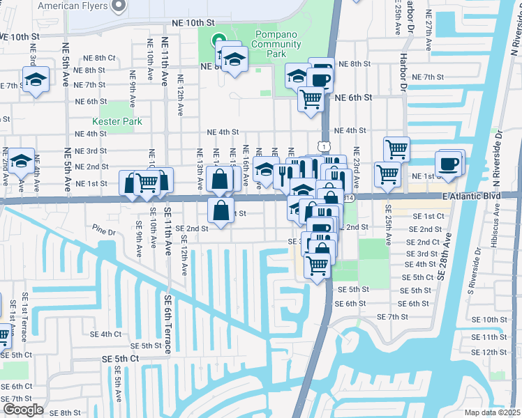 map of restaurants, bars, coffee shops, grocery stores, and more near 1624 Southeast 1st Street in Pompano Beach