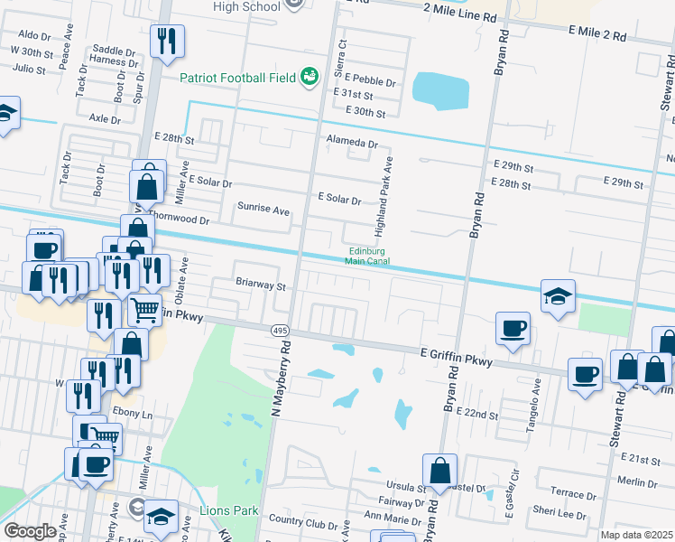map of restaurants, bars, coffee shops, grocery stores, and more near 2406 Palmetto Drive in Mission