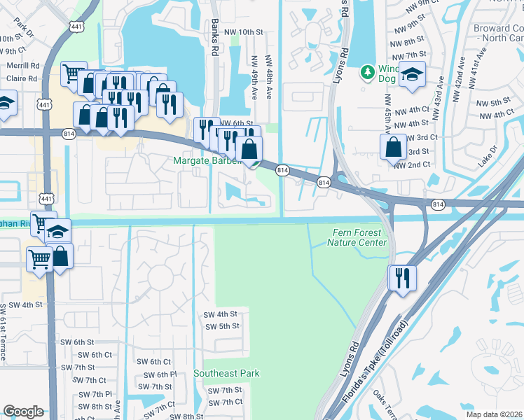 map of restaurants, bars, coffee shops, grocery stores, and more near 4724 South Hemingway Circle in Margate