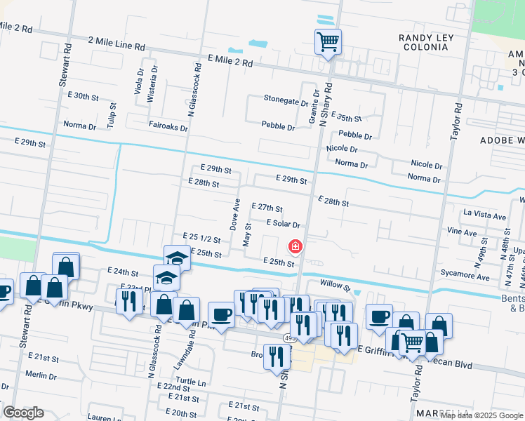 map of restaurants, bars, coffee shops, grocery stores, and more near 2112 East 27th Street in Mission