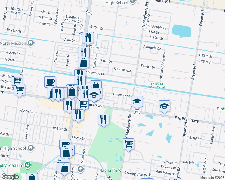 map of restaurants, bars, coffee shops, grocery stores, and more near 2412 Briarwood Drive in Mission