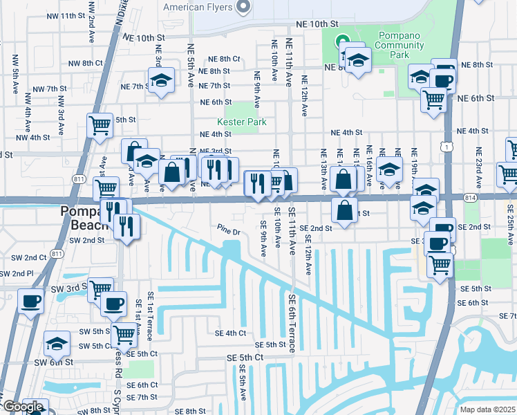 map of restaurants, bars, coffee shops, grocery stores, and more near 900-902 Southeast 1st Street in Pompano Beach