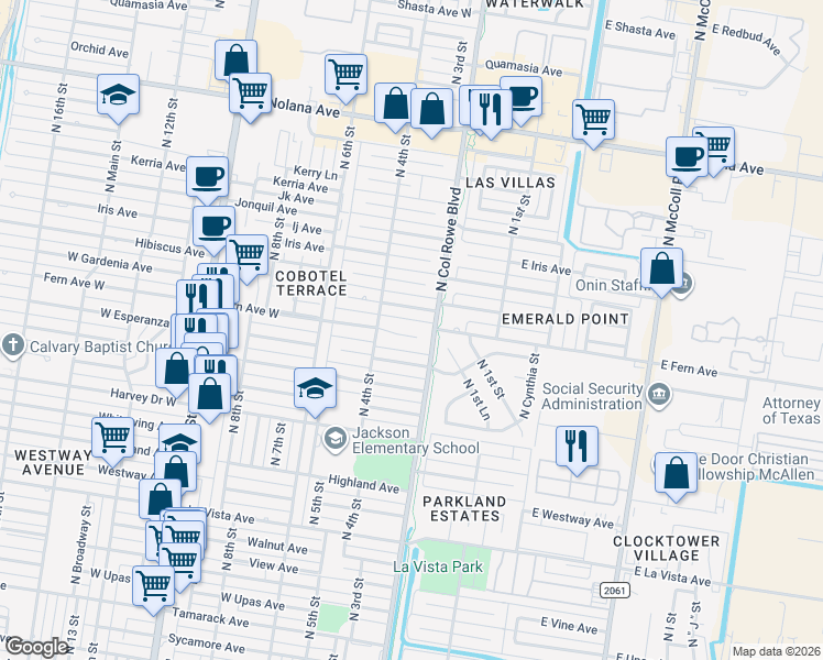 map of restaurants, bars, coffee shops, grocery stores, and more near 205 Fern Avenue West in McAllen
