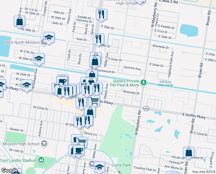 map of restaurants, bars, coffee shops, grocery stores, and more near 315 Stacie Lane in Mission