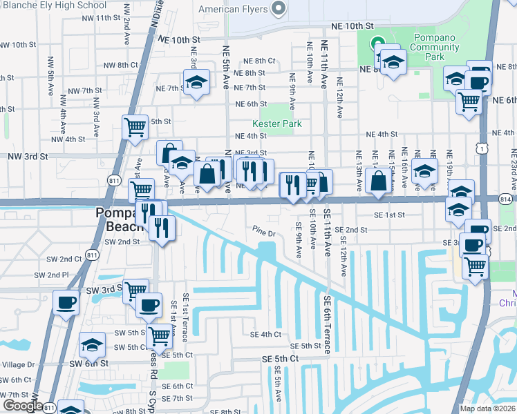 map of restaurants, bars, coffee shops, grocery stores, and more near 701 Florida 814 in Pompano Beach