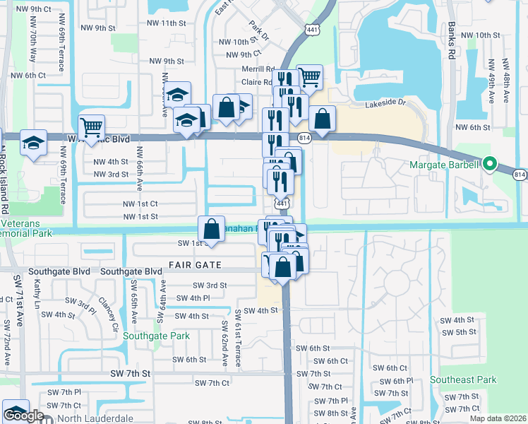map of restaurants, bars, coffee shops, grocery stores, and more near 6100 Northwest 2nd Street in Margate