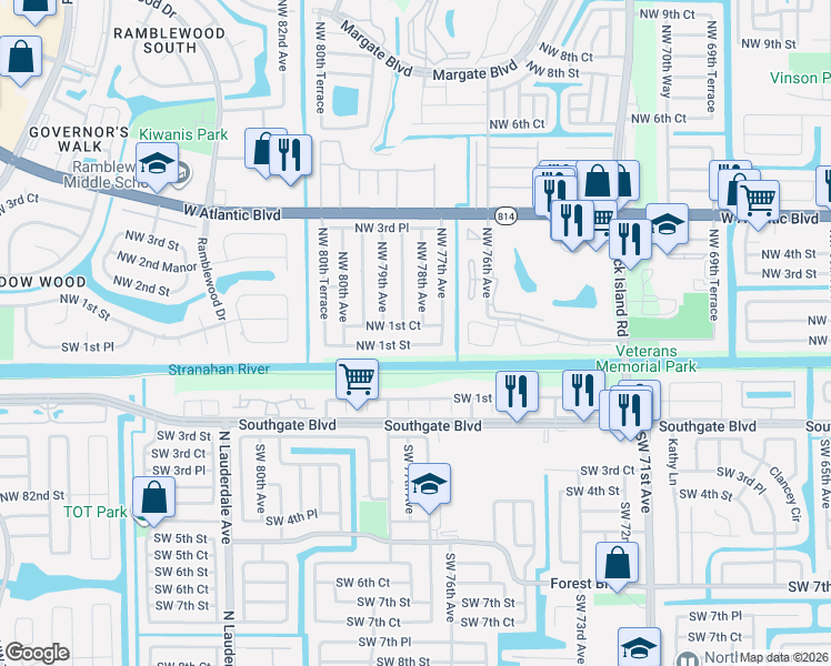 map of restaurants, bars, coffee shops, grocery stores, and more near 140 Northwest 78th Avenue in Margate