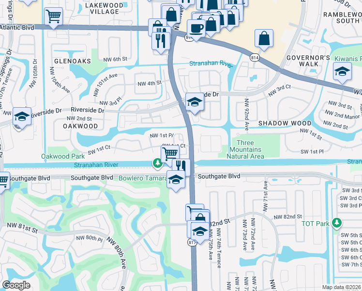 map of restaurants, bars, coffee shops, grocery stores, and more near 9642 Northwest 1st Place in Coral Springs