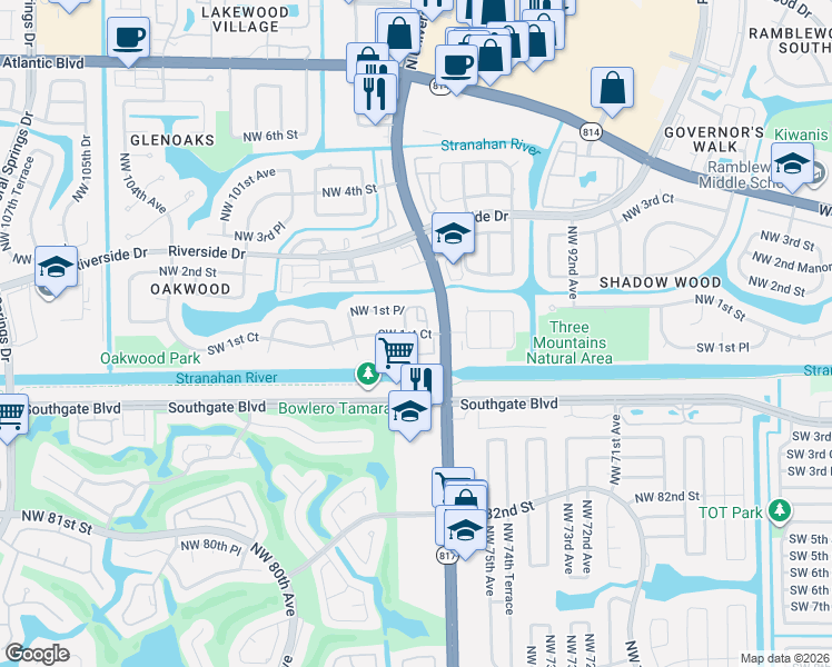 map of restaurants, bars, coffee shops, grocery stores, and more near 9642 Northwest 1st Place in Coral Springs