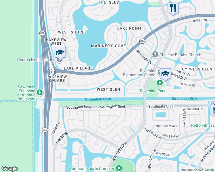map of restaurants, bars, coffee shops, grocery stores, and more near 201 Northwest 121st Avenue in Coral Springs