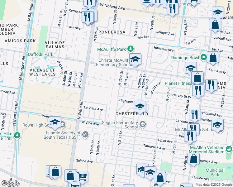 map of restaurants, bars, coffee shops, grocery stores, and more near 2717 North 32nd Street in McAllen