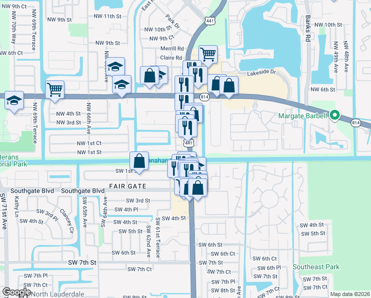 map of restaurants, bars, coffee shops, grocery stores, and more near 193 Florida 7 in Margate