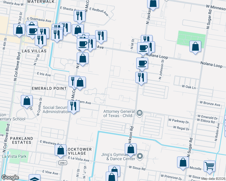 map of restaurants, bars, coffee shops, grocery stores, and more near 3303 North Jackson Road in McAllen